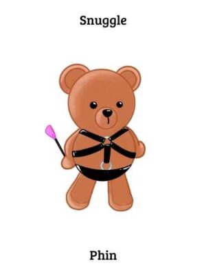 Cartoon bear in a sex harness holding a pink-tipped riding crop